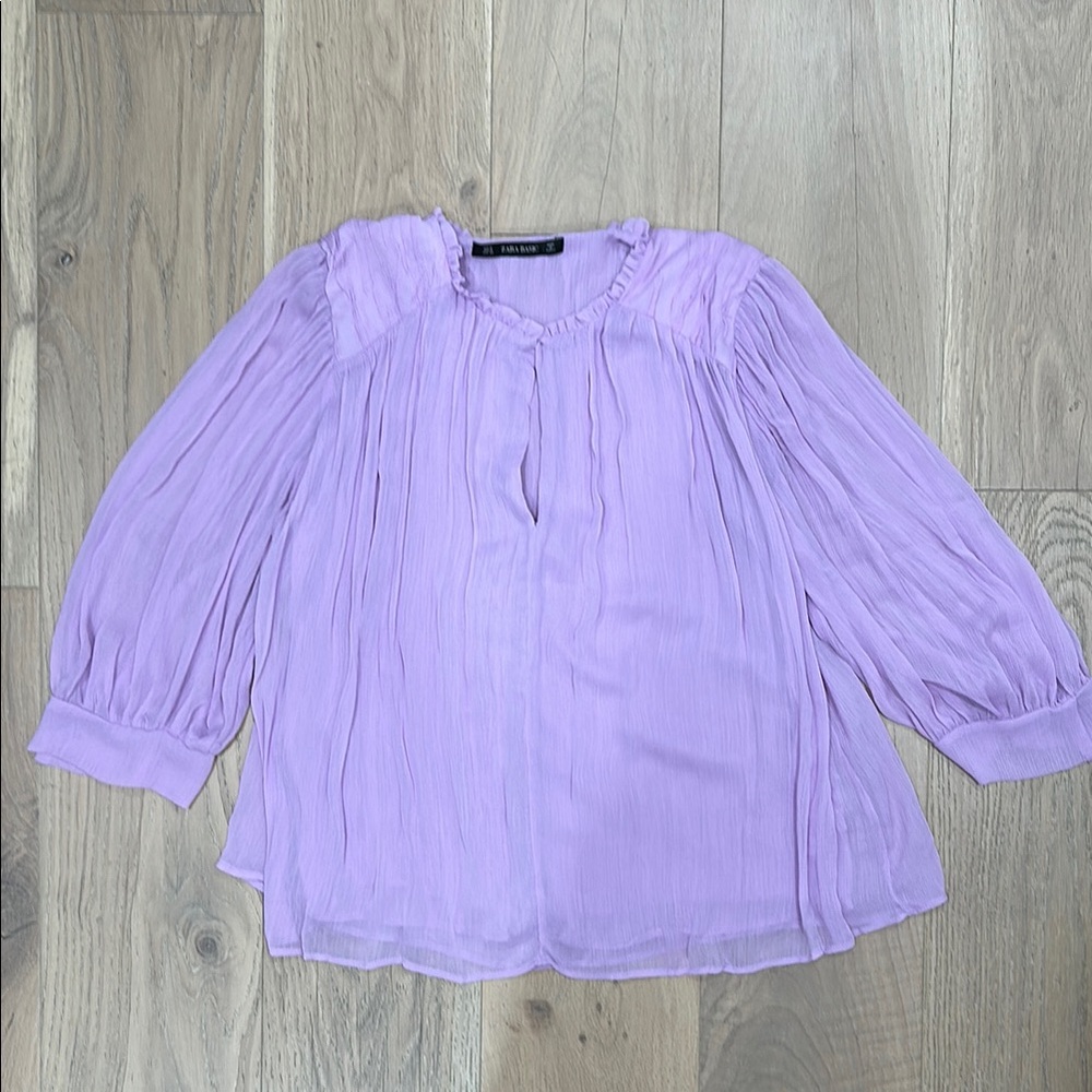 Zara Purple Chiffon Puff Sleeve Blouse with Ruffle detail.